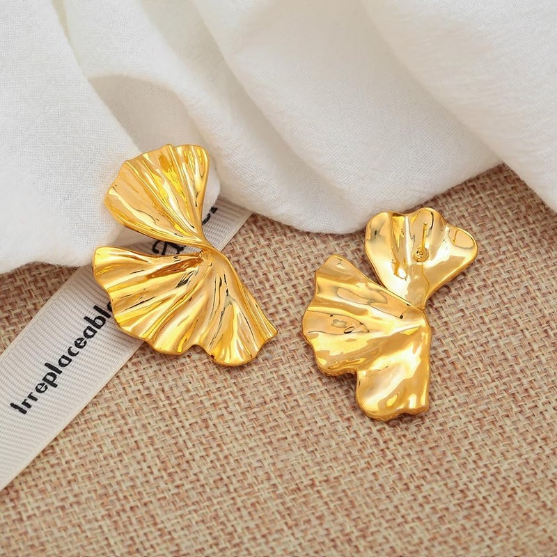 FAUTHENTICUTE Chunky Gold Statement Earrings For Women Gold Plated Sectored Flower Leaf Shell Angel Wing Earrings Large Stud Earrings Hypoallergenic Earrings - Image 4